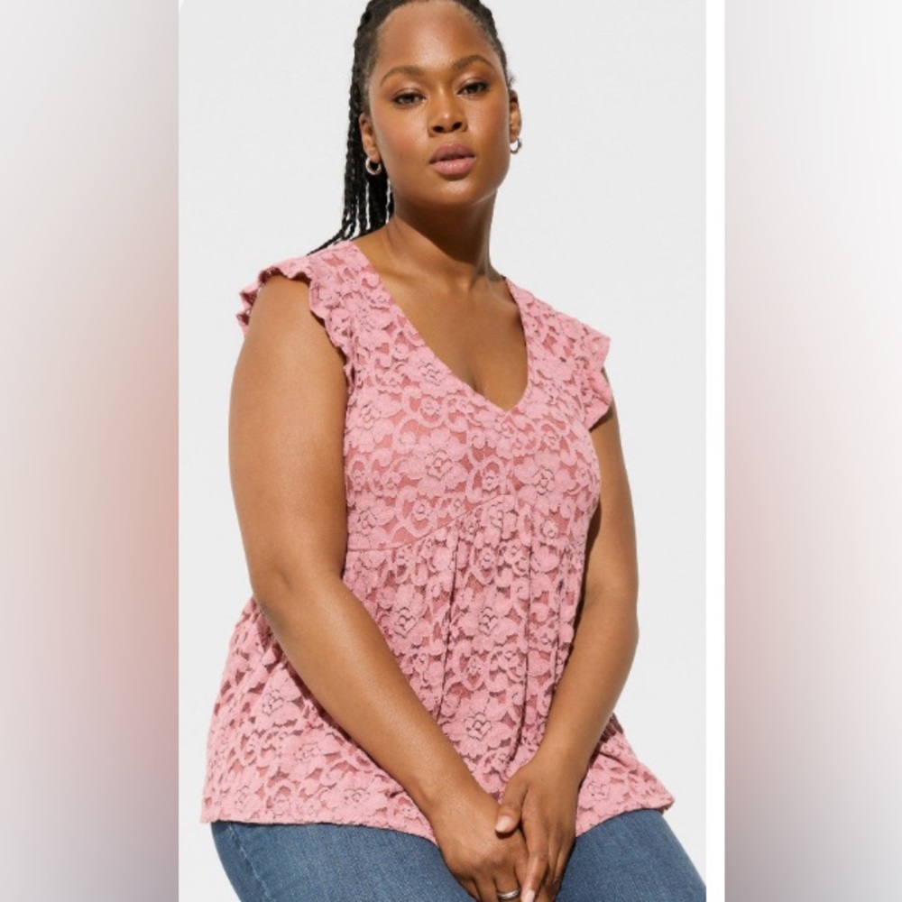 NWT Torrid stretch lace ruffle v-neck babydoll pink top shirt 2X 18-20